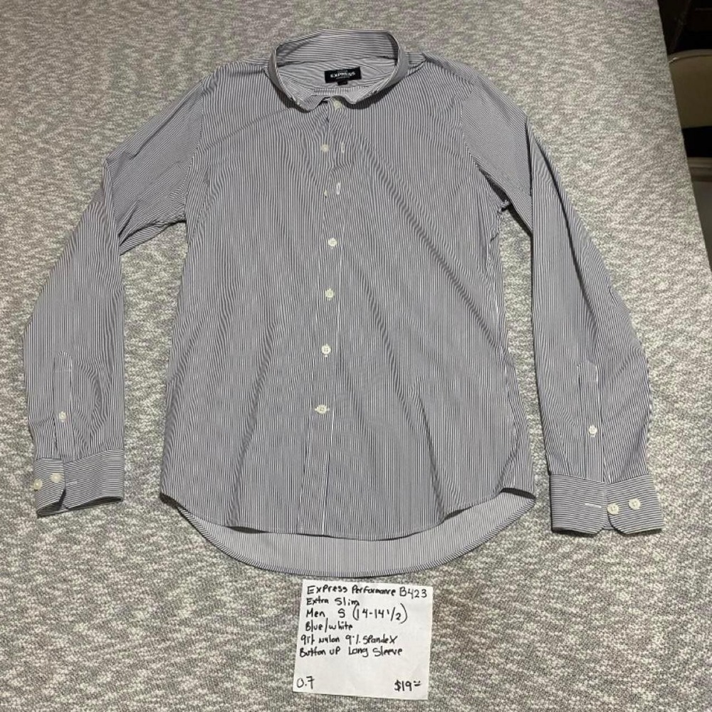 Express Performance Slim Fit Men S (14-14½) Blue Button up Long Sleeve SKU-B423